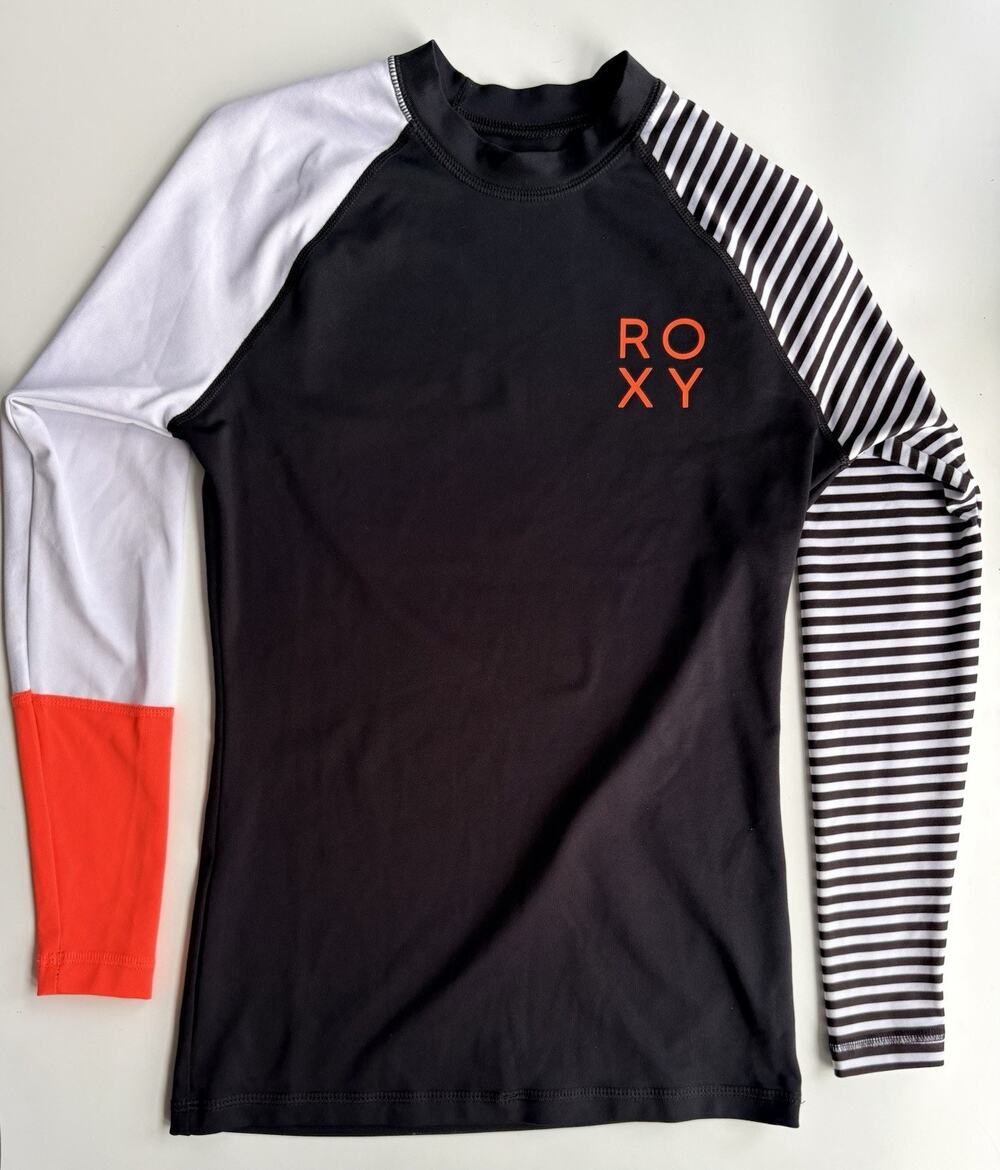 ROXY Rashguard Shirt Girls Small Black Pink Logo Long Sleeve Stretch Beach Swim